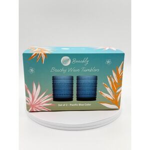 Beachly Beachy Wave Tumblers Set of 2 Pacific Blue 11oz Glass Beaded Coastal New